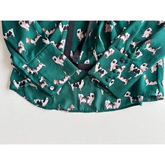 ZARA Green Dog Print Satin Oversized Collared V-Neck Tie Blouse, Size S - Picture 8 of 14